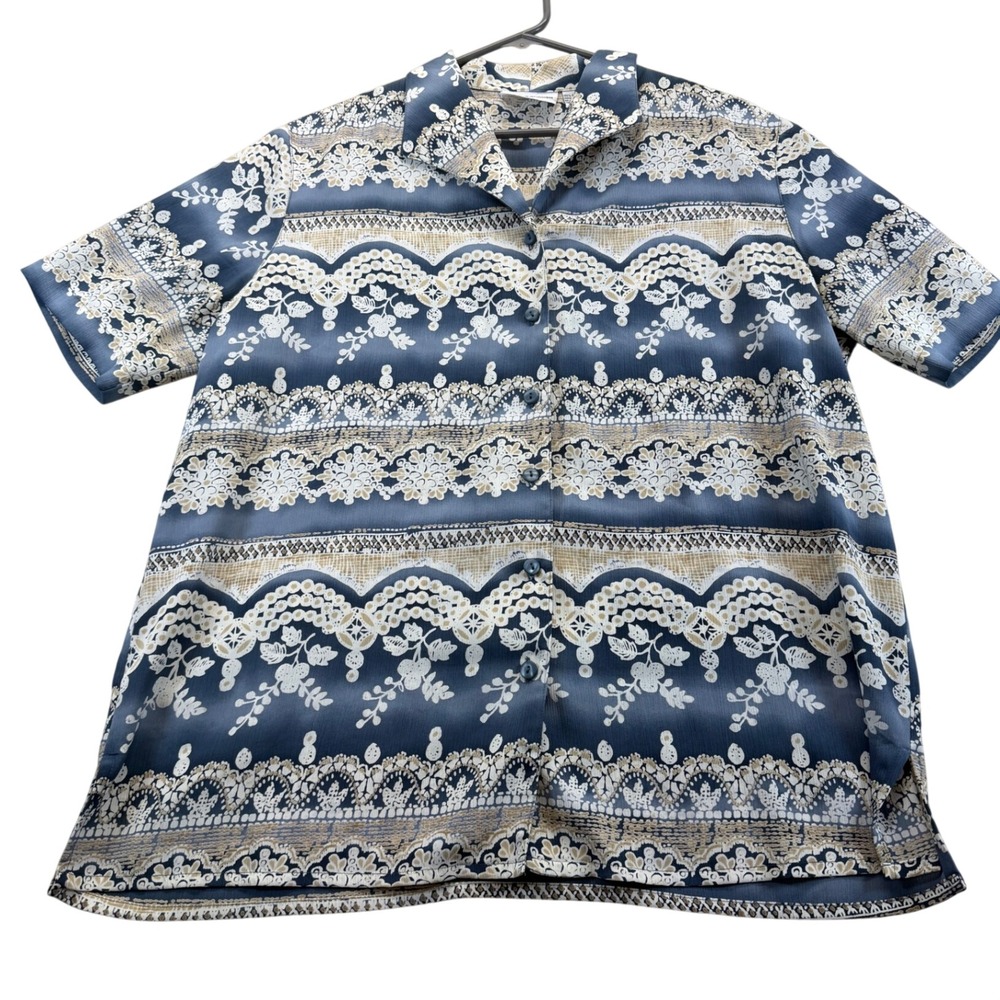Alfred Dunner Blouse Women 14 Blue Floral Lace Print Short Sleeve Button Up Top